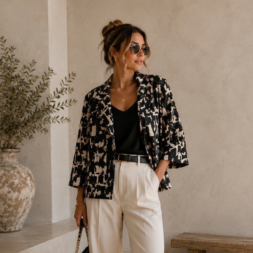 Chicos Sequin Abstract Print Blazer Jacket Black Beige Open Front Size 2 L